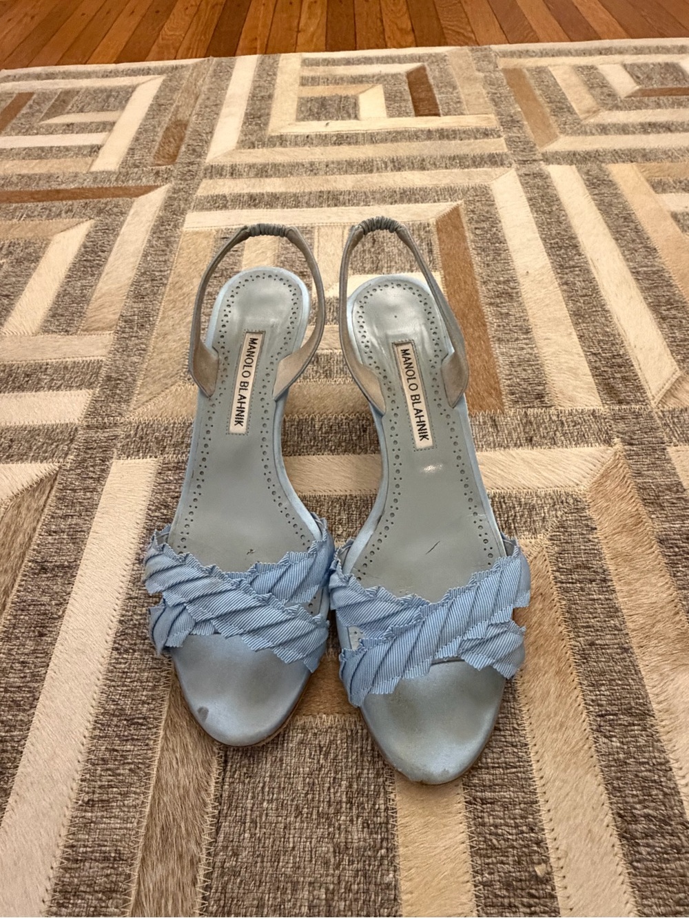 Manolo Blahnik Light Blue Satin Slingback Pumps